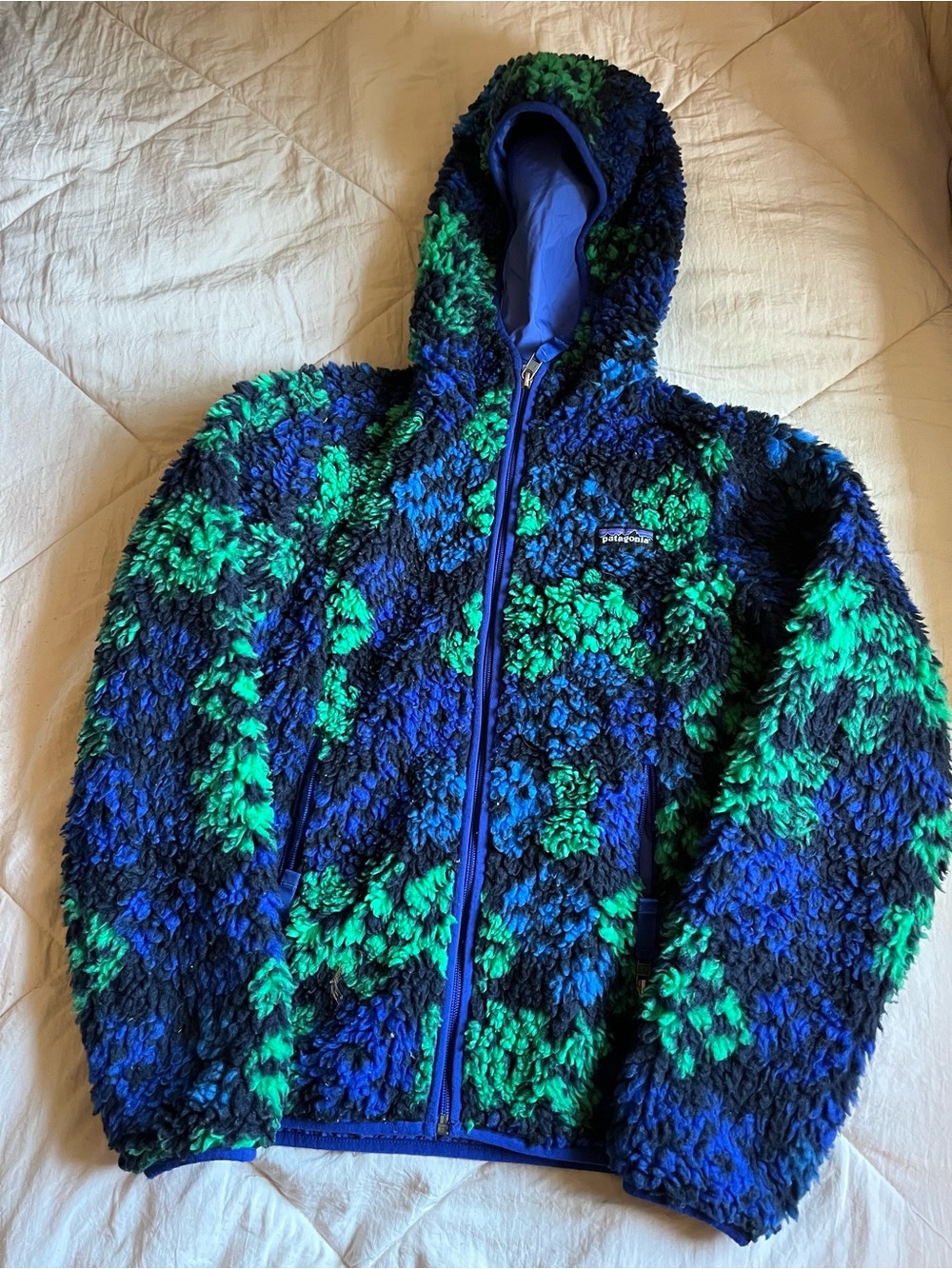 Patagonia Hooded Teddy Jacket in Blue & Green Colorblock Women’s Size Small